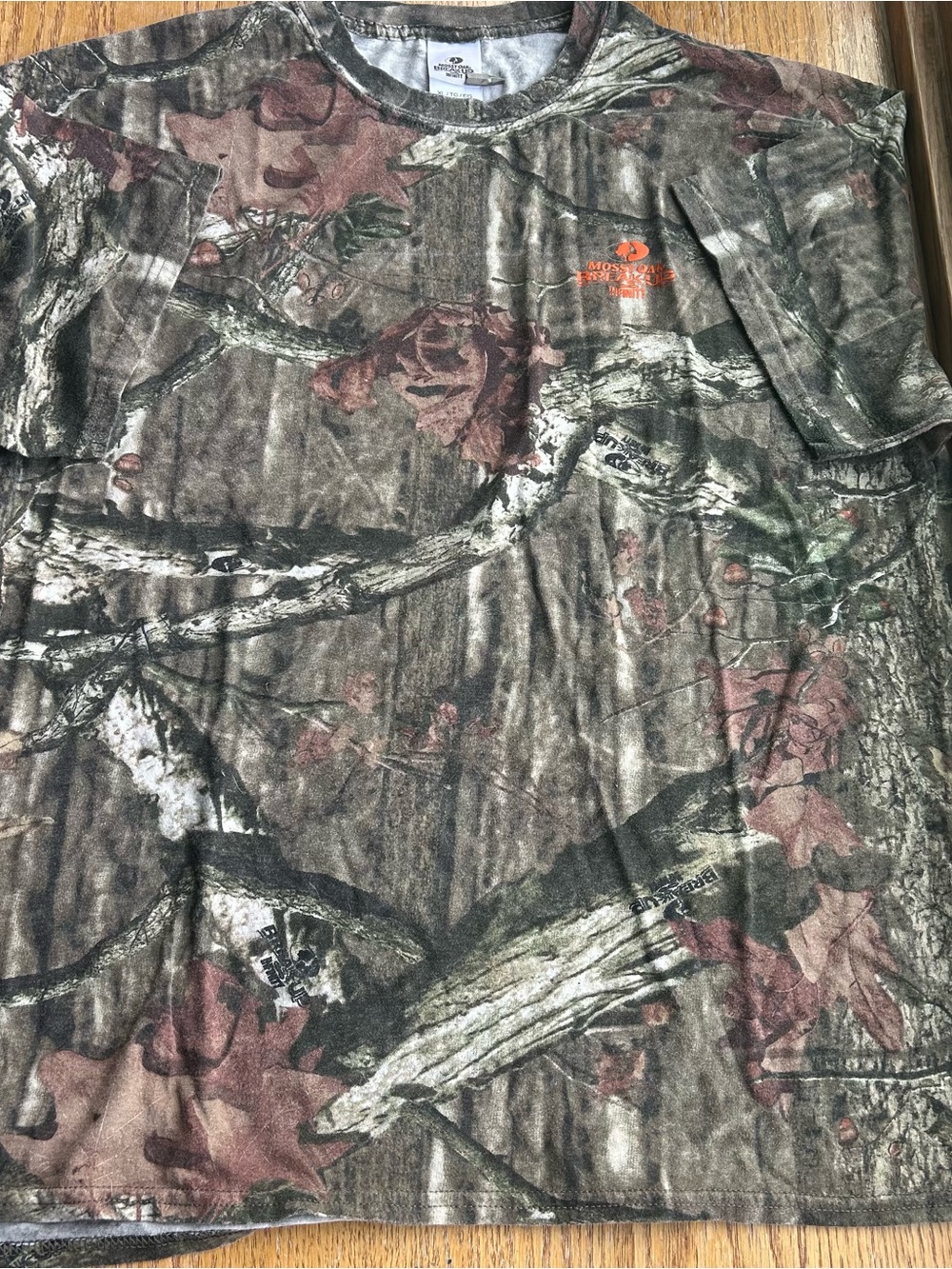 Vintage Mossy Oak Infinity Woodland Camo Short Sleeve Tee Sz XL Orange Logo